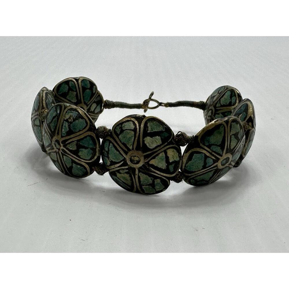 Vintage Crushed Turquoise Hand Knotted Toggle Bracelet